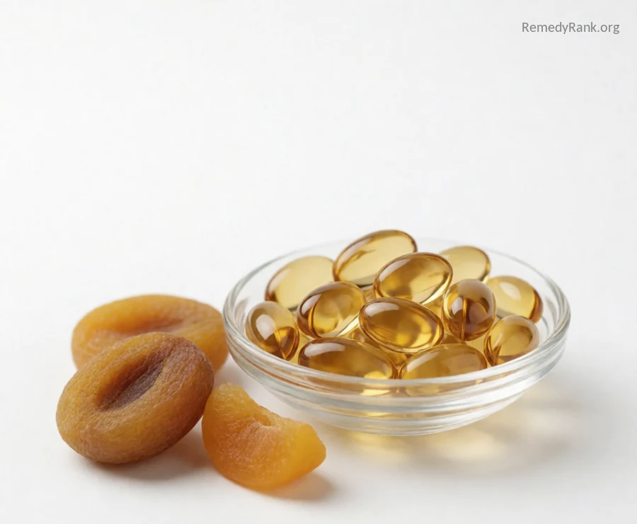 A glass dish of amber vitamin A softgel capsules sits beside a few dried apricot halves and a wedge of orange squash.