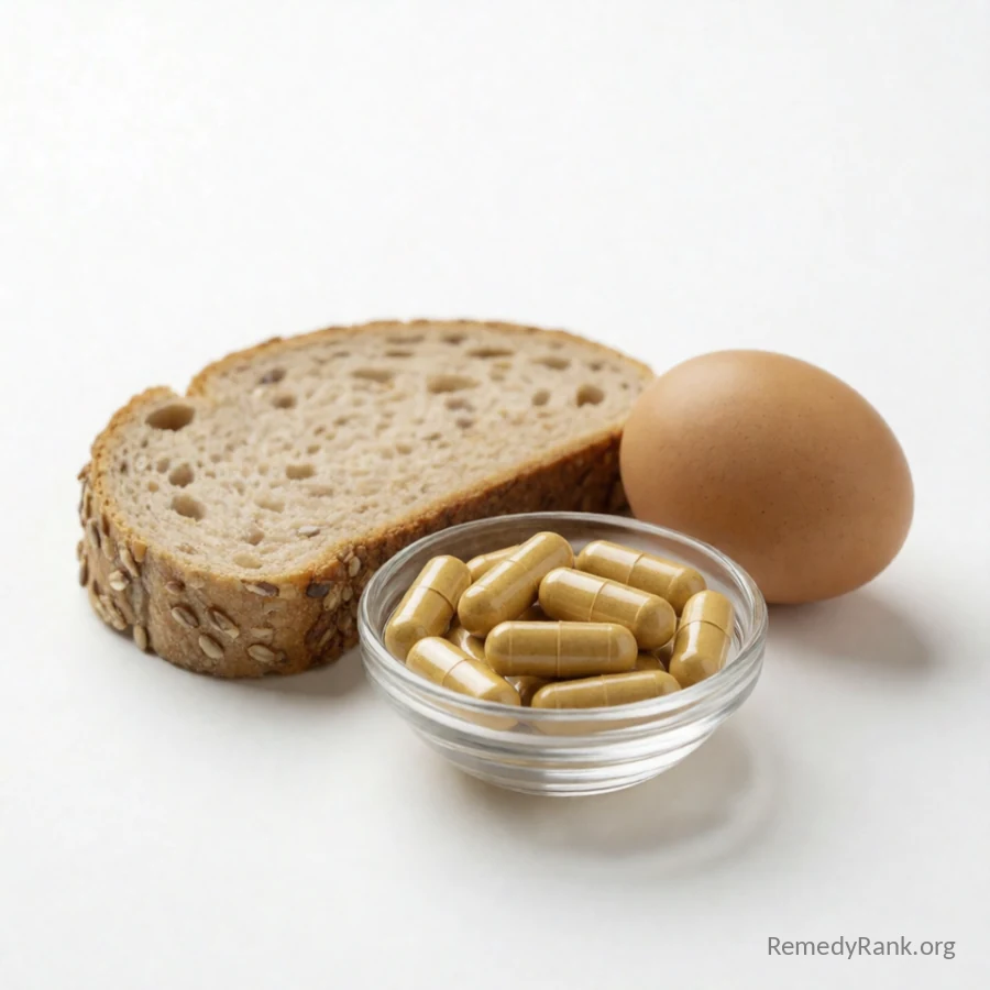A glass dish of yellow-orange B-complex capsules sits beside a slice of whole grain bread and a boiled egg.