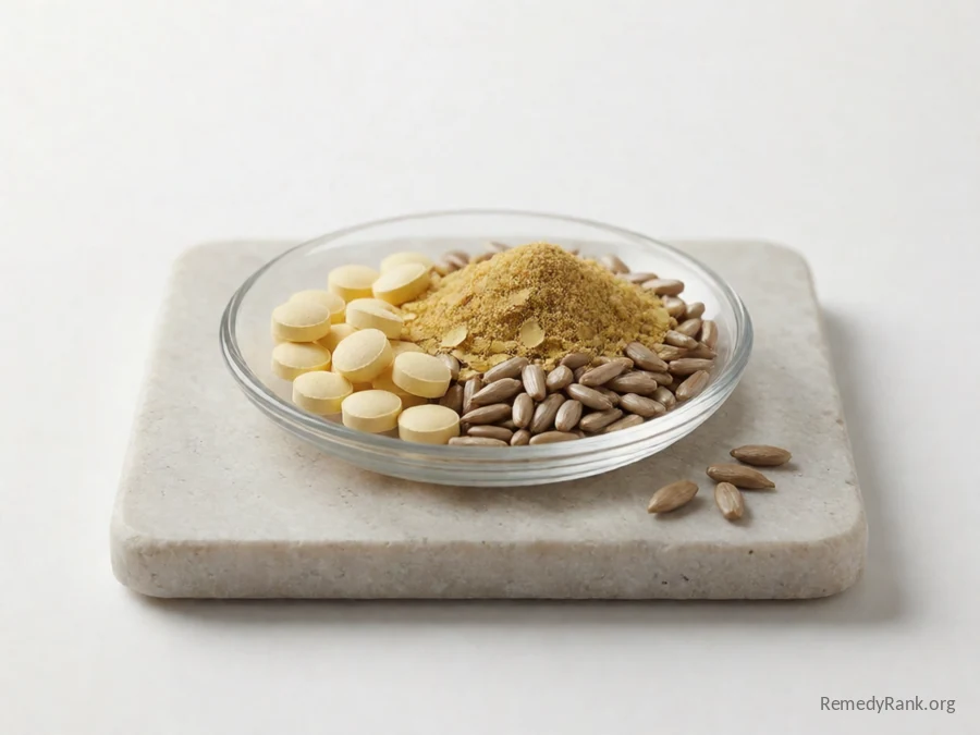 Small pale yellow tablets beside nutritional yeast flakes and sunflower seeds.