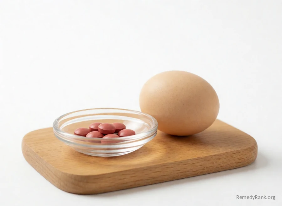 Small red vitamin tablets in a glass dish beside a soft-boiled egg.