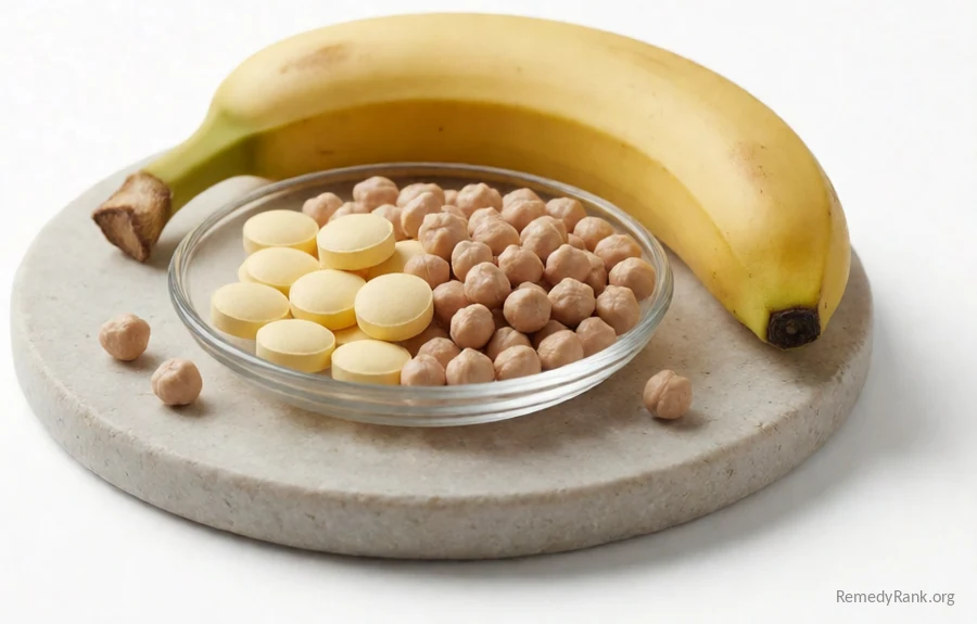 Pale yellow round tablets beside a banana and a handful of chickpeas.