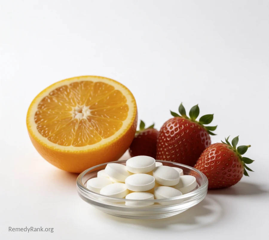 A glass dish of white vitamin C tablets sits beside a halved orange and a few fresh strawberries.