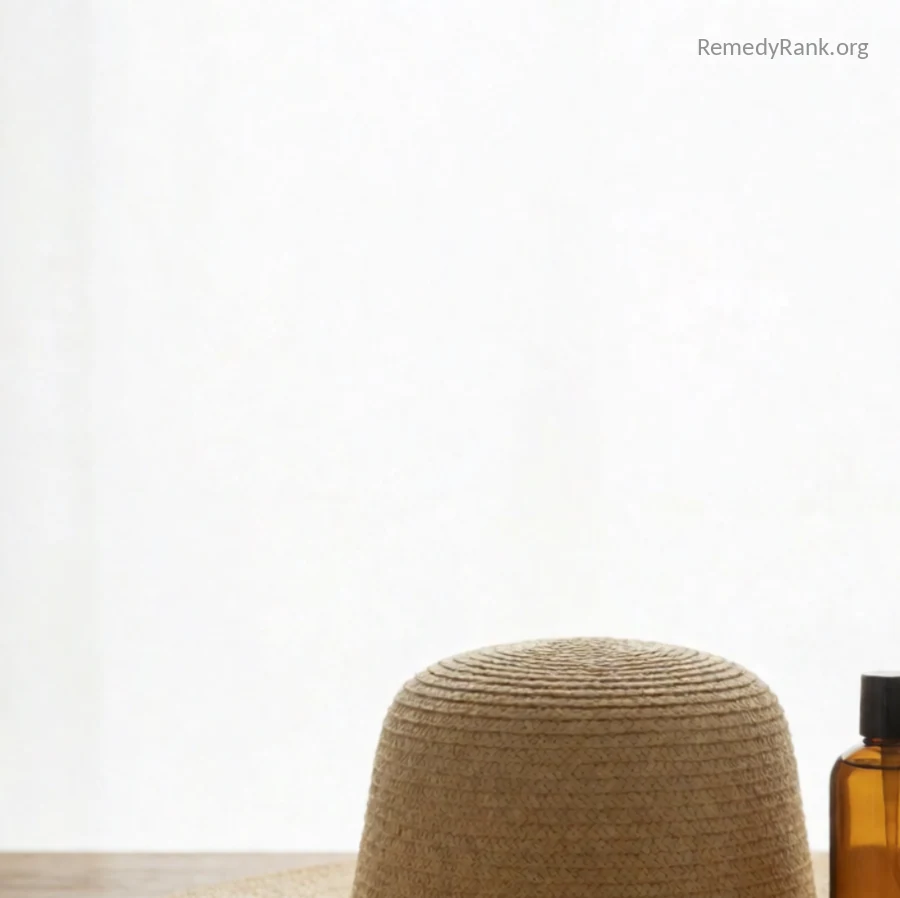 A wide-brimmed straw sun hat next to a small amber bottle of sunscreen.