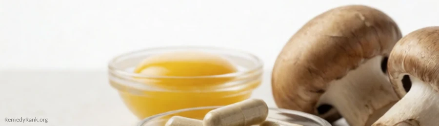 Capsules in a glass dish beside whole mushrooms and an egg yolk in a small bowl.