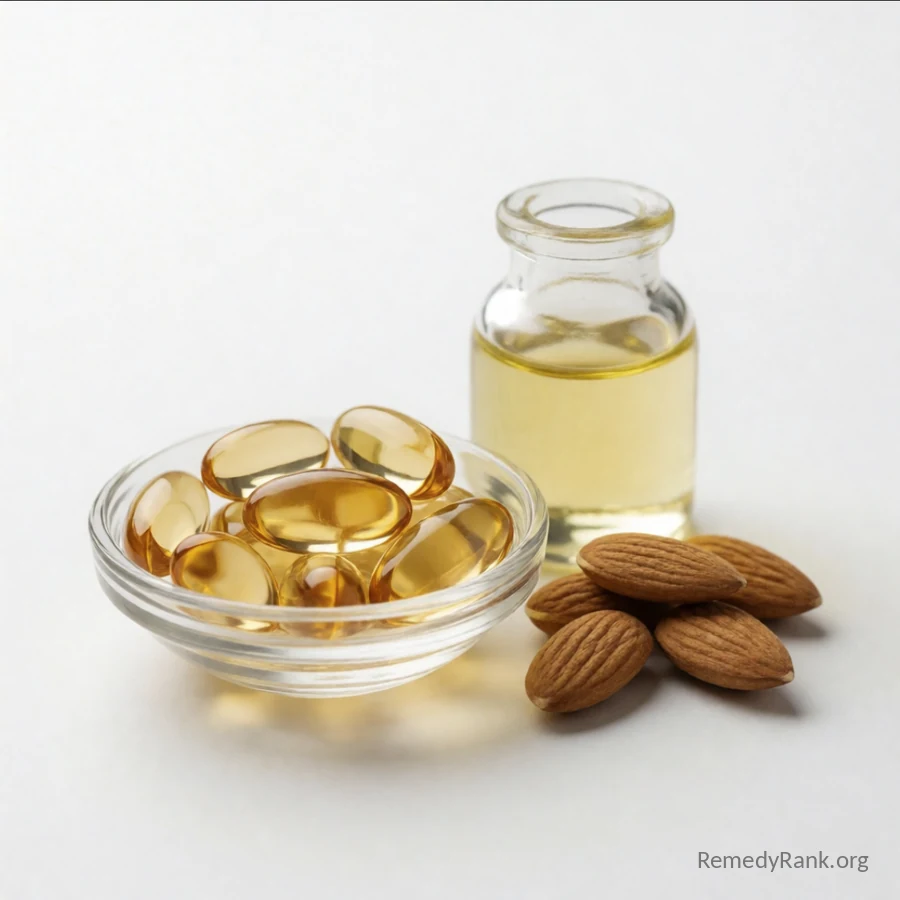 A glass dish of amber vitamin E softgel capsules sits beside a few almonds and a small bottle of oil.