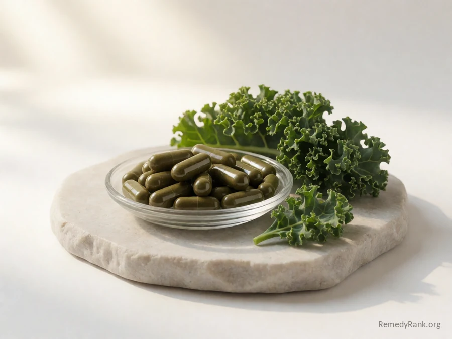 Small dark green softgel capsules beside a handful of kale leaves.