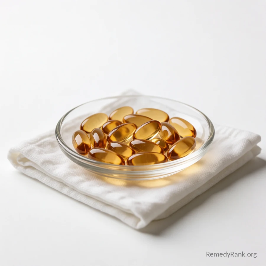 A small glass dish of amber softgel capsules resting on a neatly folded white cloth.