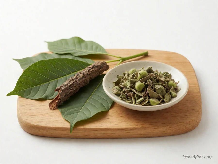 Fresh walnut leaves, bark, and hull beside a dish of the dried walnut herb blend.