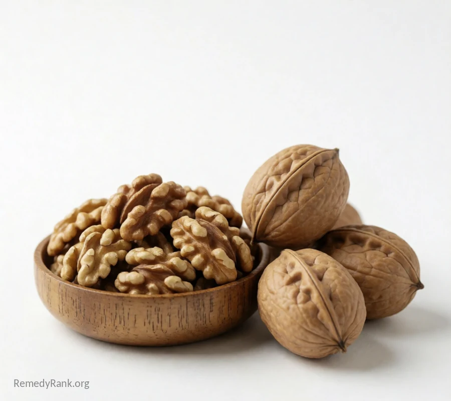 A wooden bowl holds shelled walnut halves next to a few whole walnuts still in their shells.