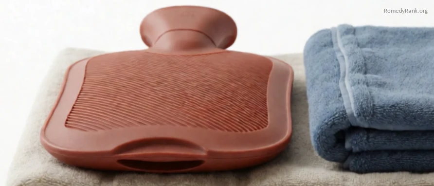 A folded flannel cloth next to a rubber hot water bottle and a folded blue cold pack on a linen towel.