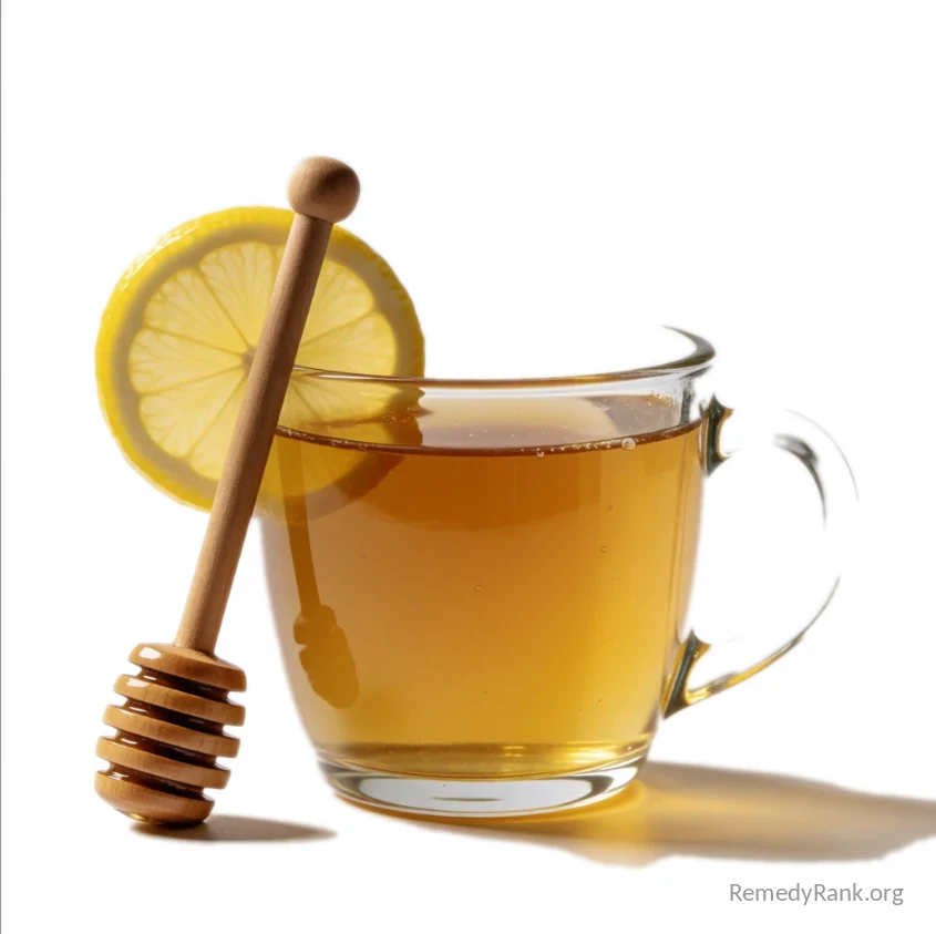 A steaming glass mug of warm lemon water with honey, a lemon slice and a wooden honey dipper