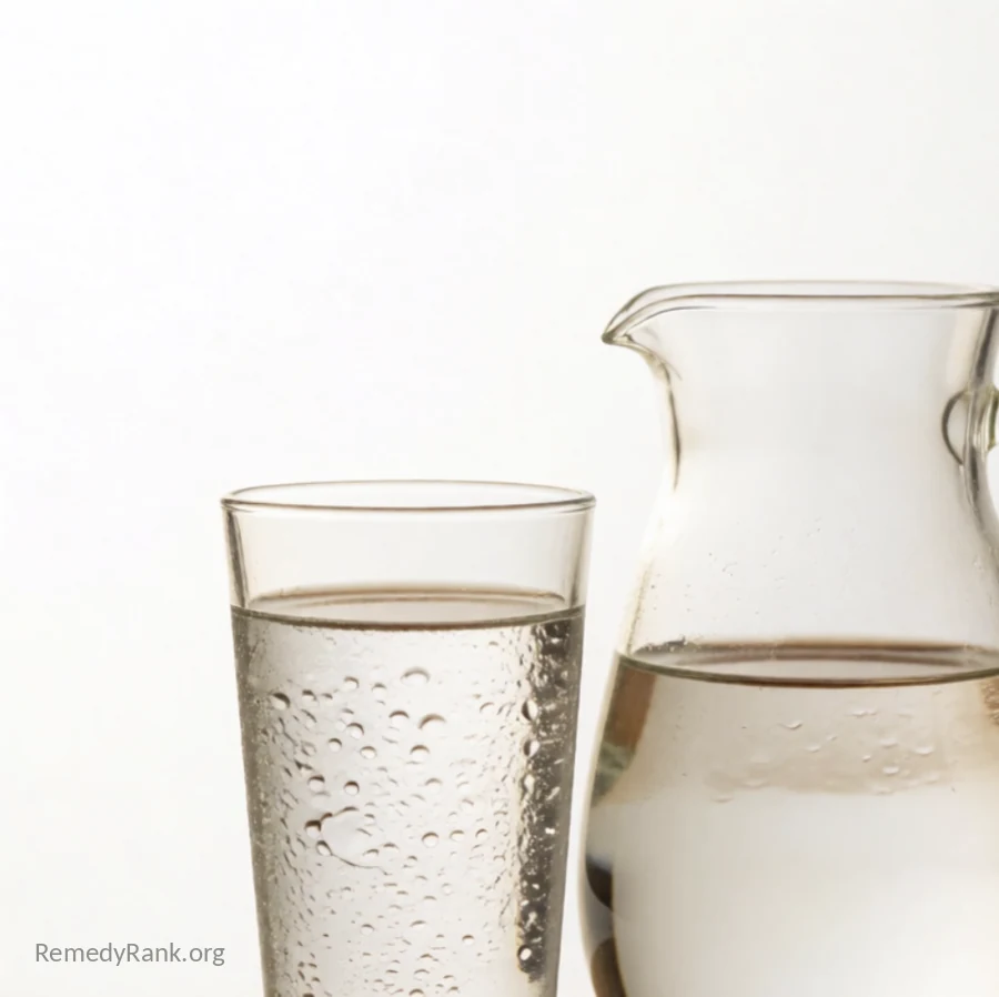 A clear glass of water beaded with condensation next to a glass pitcher of water on a wooden board.