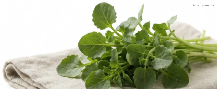 A bunch of fresh watercress sprigs on a linen cloth.