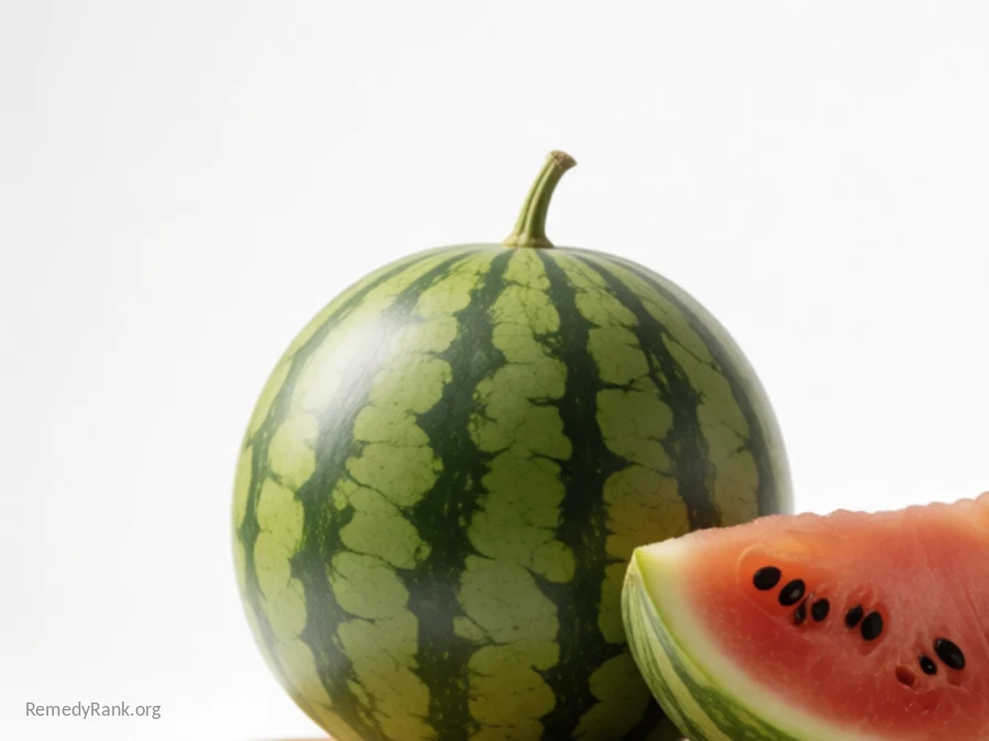 A whole watermelon beside a cut wedge showing red flesh and black seeds.