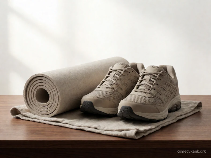 A pair of walking shoes next to a rolled exercise mat.