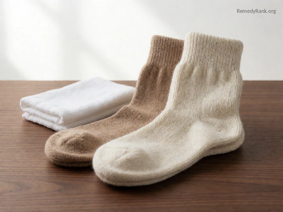 A pair of damp thin socks next to a pair of thick dry wool socks.