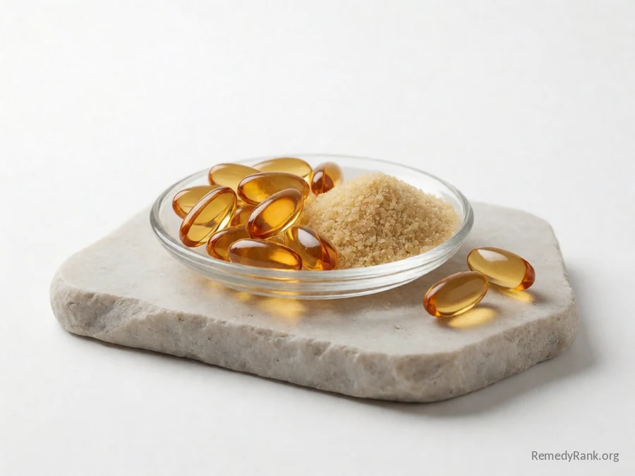 Amber softgel capsules beside a small mound of wheat germ.