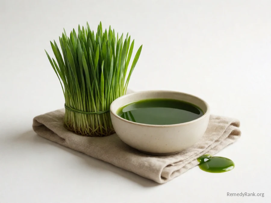 A bundle of green wheatgrass blades beside a shot of wheatgrass juice.