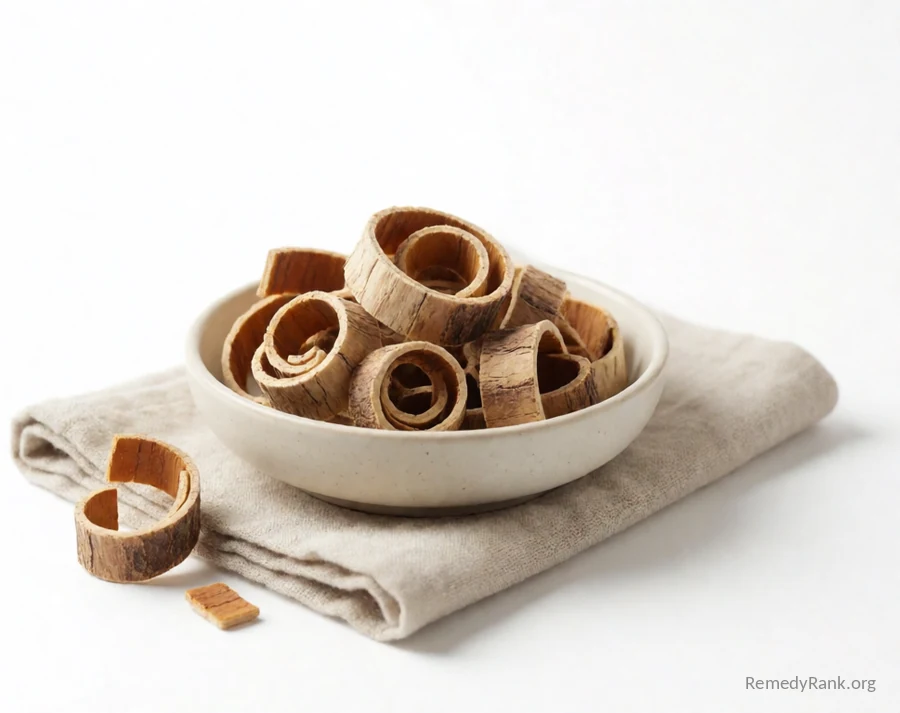 A cup of amber oak bark tea beside curled strips of bark.