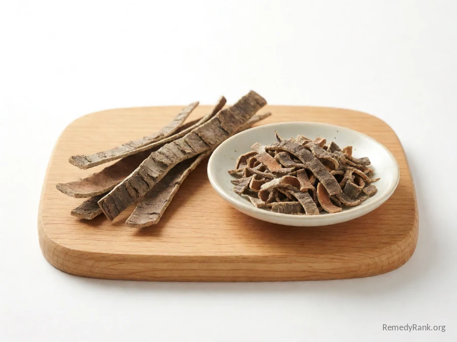 A strip of white willow bark beside a dish of dried shredded bark.