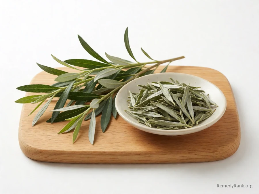 Fresh white willow leaves beside a dish of dried white willow leaf.