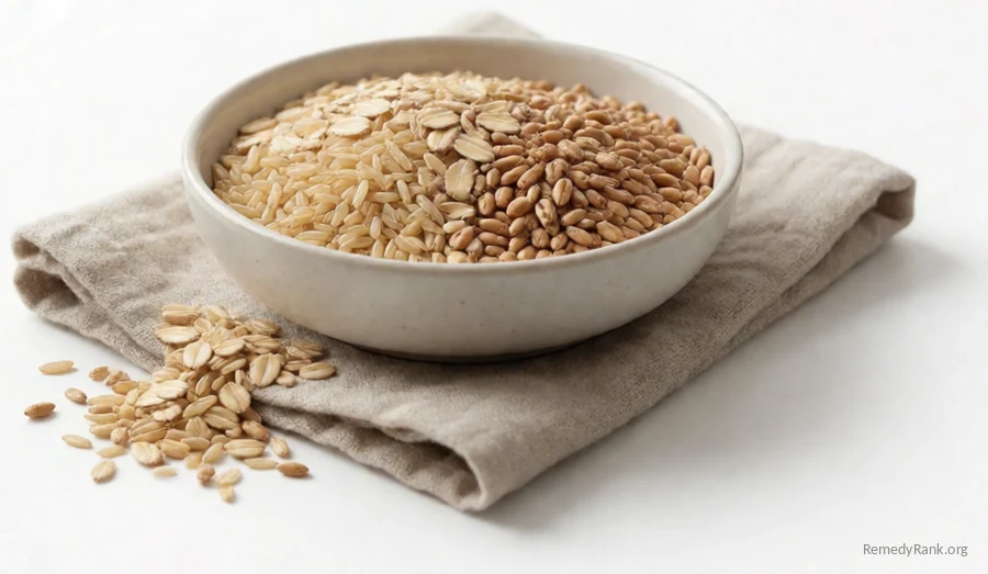 An assortment of whole grains including rice, oats, and wheat berries.