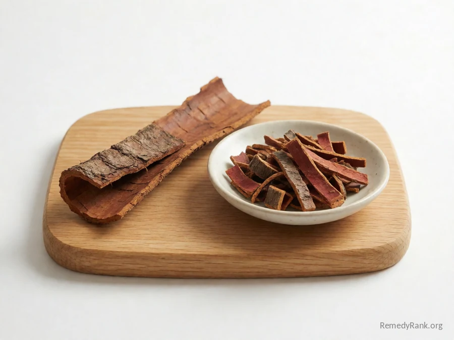 A strip of wild cherry bark beside a dish of dried shredded bark.