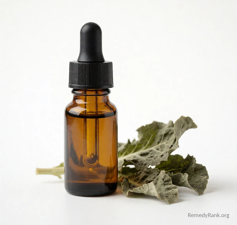 A small amber glass dropper bottle of wild lettuce tincture beside a few dried grey-green leaves.
