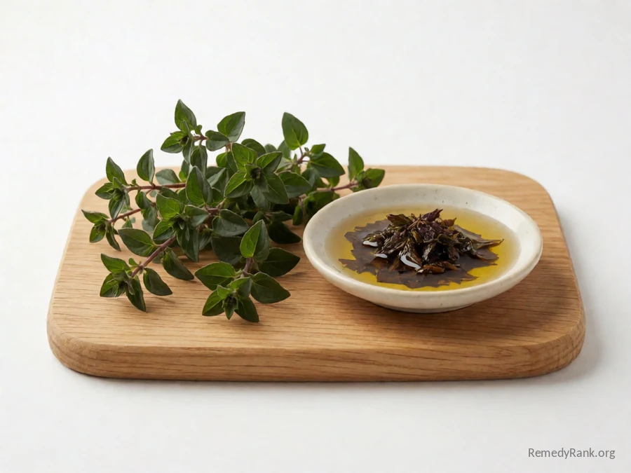 Fresh wild oregano leaves beside a dish of amber oregano oil.