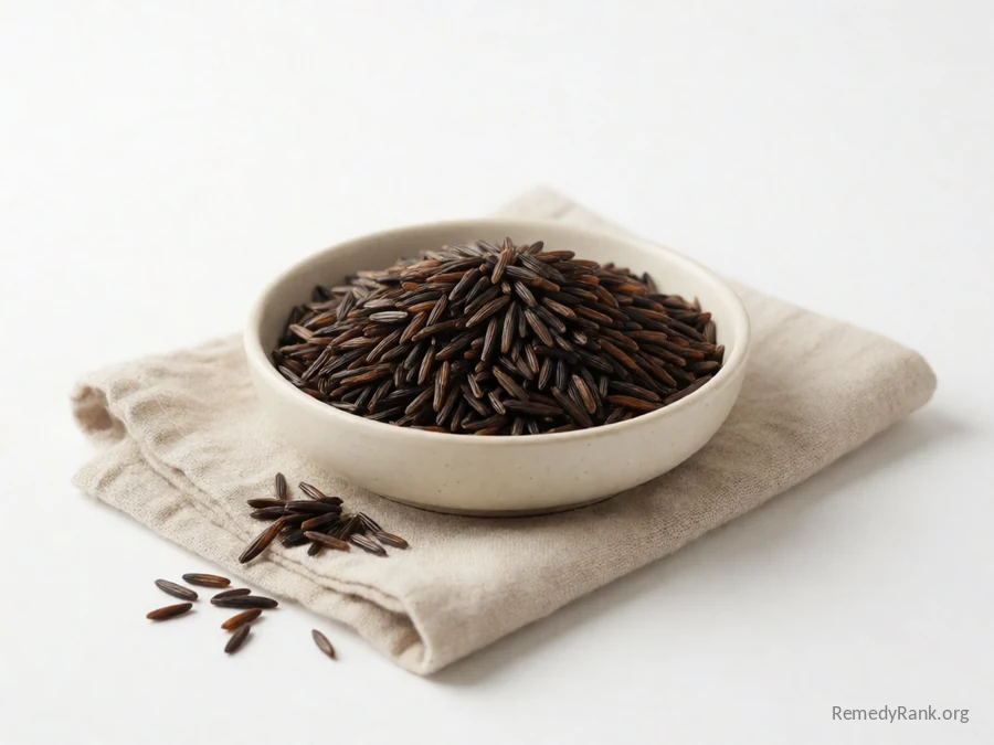 Slender dark wild rice grains, glossy and curled.