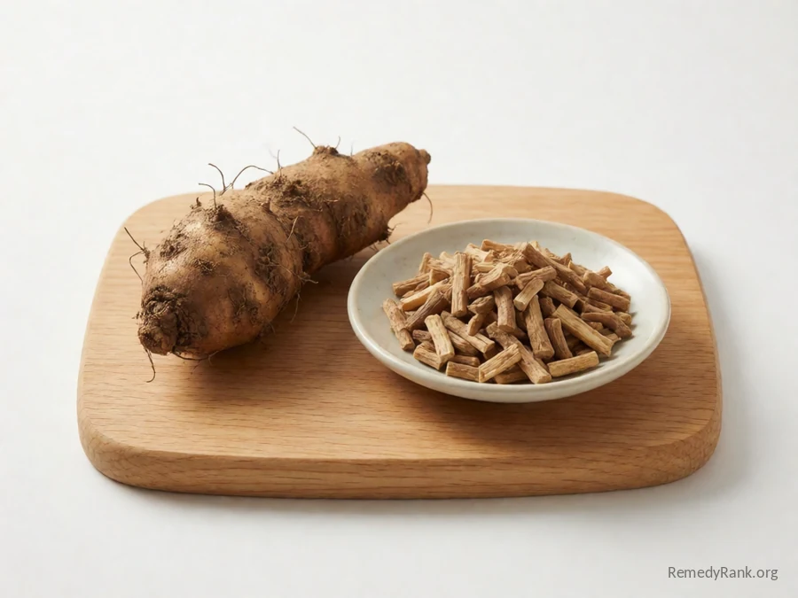 A wild yam root beside a dish of dried cut root.