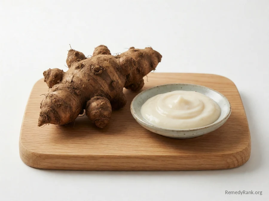 A wild yam tuber beside a dish of wild yam cream.
