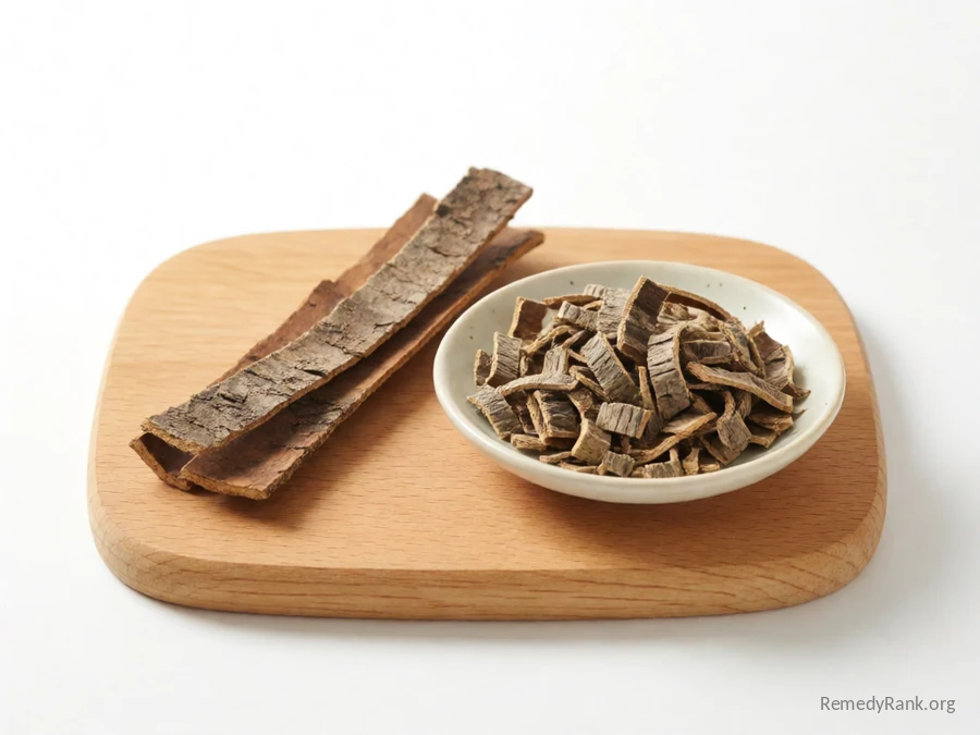 A strip of willow bark beside a dish of dried shredded willow bark.