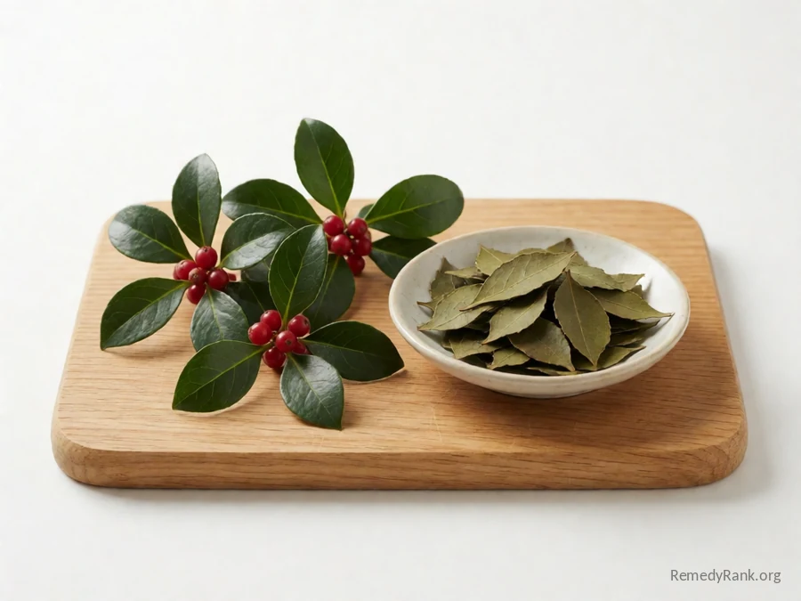 Fresh wintergreen leaves and berries beside a dish of wintergreen oil.