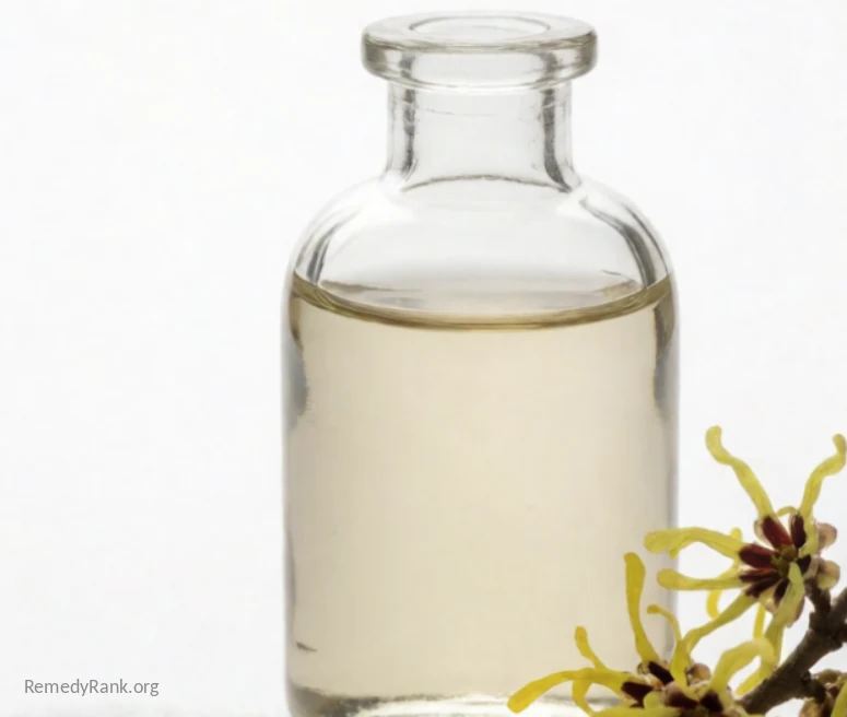 A clear glass bottle of witch hazel next to a cotton pad and a sprig of yellow blossom.
