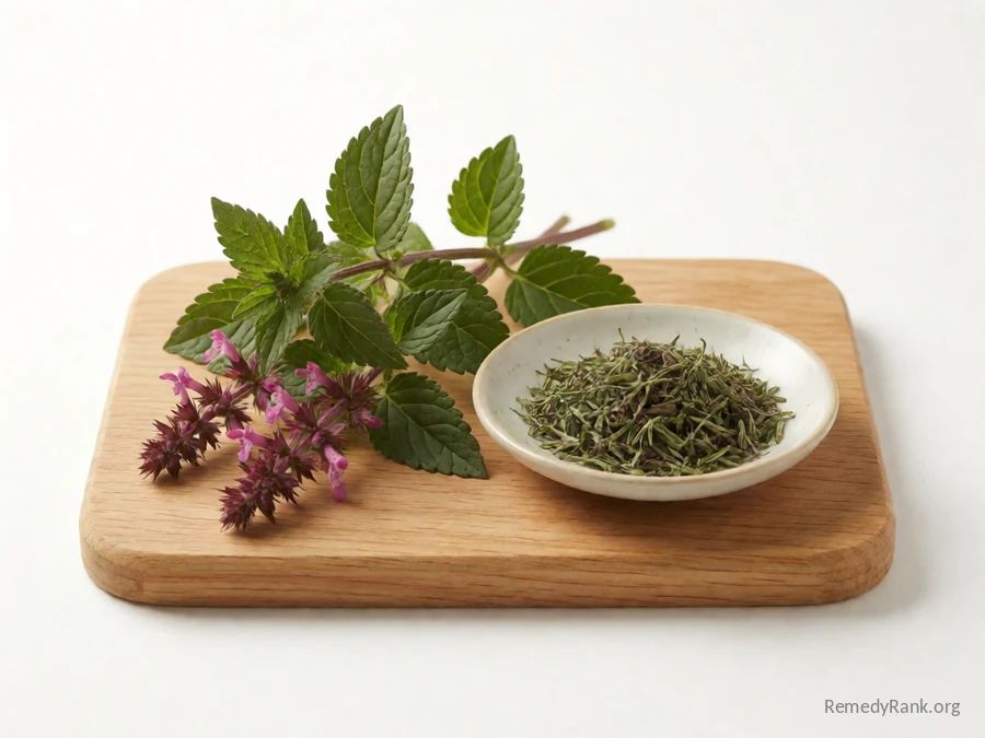 Fresh wood betony with its purple flower spike beside a dish of dried wood betony.