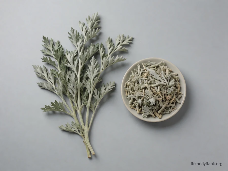 A sprig of silver-grey wormwood foliage and a small dish of the dried herb, photographed plainly on a neutral grey background.