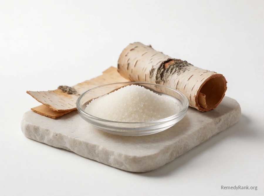 Fine white crystalline granules beside a strip of pale birch bark.