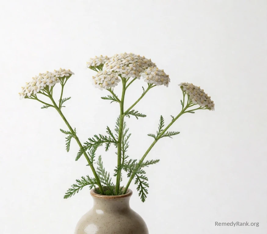 Stems of yarrow with flat white flower clusters and feathery green leaves in a ceramic vase.