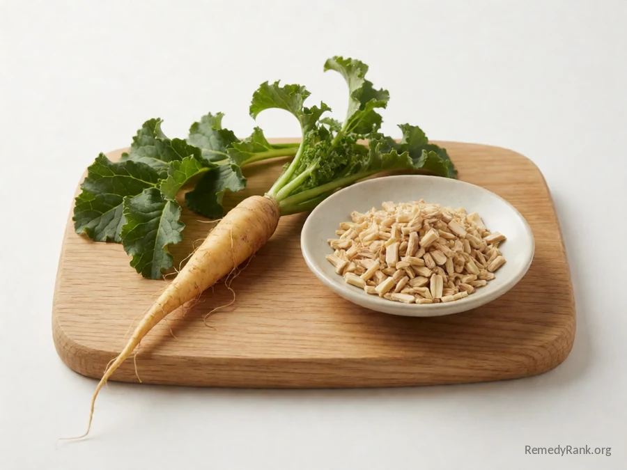 A fresh yellow dock root beside a dish of dried chopped yellow dock root.