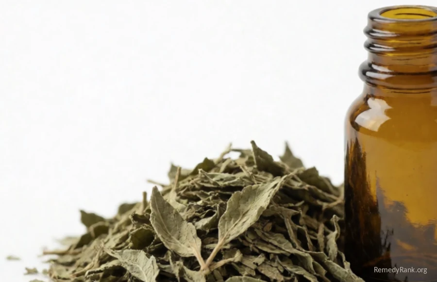 Dried, resinous green-brown yerba santa leaves piled beside a small amber glass tincture bottle.