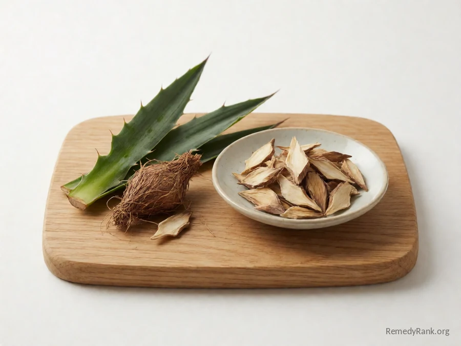 A yucca root and leaf beside a dish of dried cut yucca root.