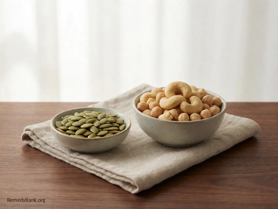 A small bowl of pumpkin seeds next to a bowl of cashews and chickpeas.