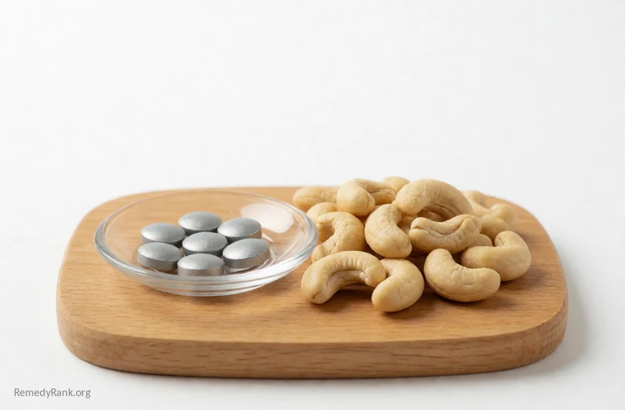Gray zinc tablets in a glass dish beside a handful of raw cashews.