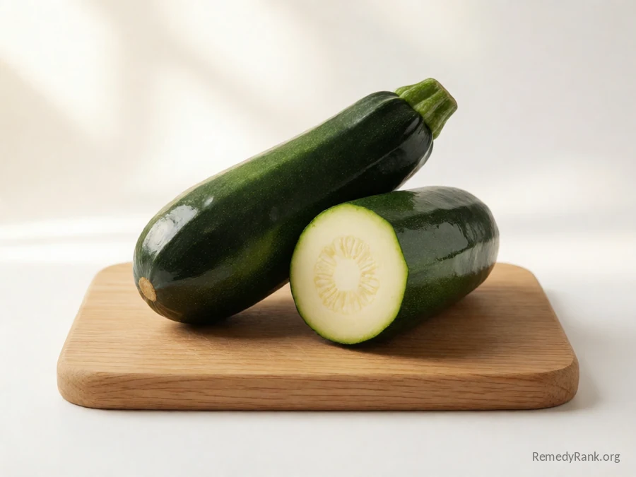 A whole zucchini beside a cut half showing its pale seeded flesh.